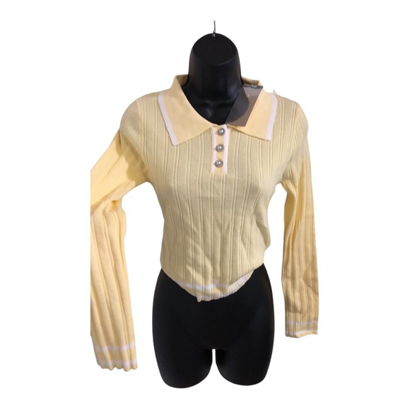 Yellow white trim crystal pearl button collared sweater top Size‎ Medium new - Picture 1 of 11